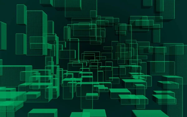 Fondo digital y tecnológico abstracto verde y oscuro. El patrón con rectángulos de repetición. Ilustración 3D — Foto de Stock