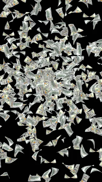 Банкноты с летающими долларами изолированы на тёмном фоне. Деньги летят в воздухе. 100 банкнот США новый образец. 3D иллюстрация — стоковое фото