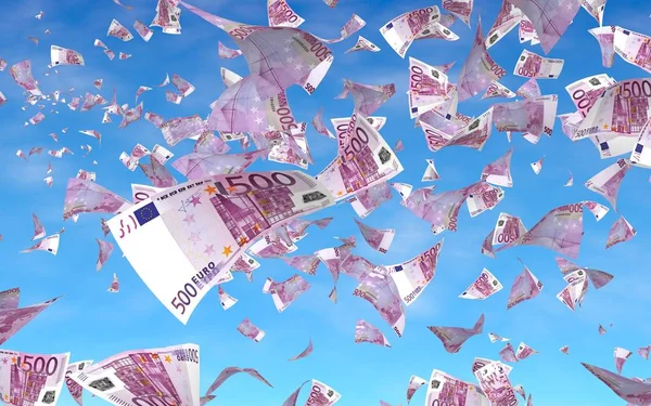 Billetes en euros voladores sobre el fondo del cielo. El dinero vuela en el aire. 500 euros en color. Ilustración 3D — Foto de Stock