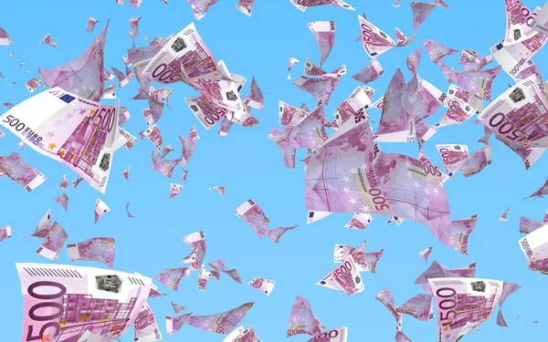 Voando notas de euro contra o fundo do céu. O dinheiro está a voar no ar. 500 euros em cores. Ilustração 3D — Fotografia de Stock