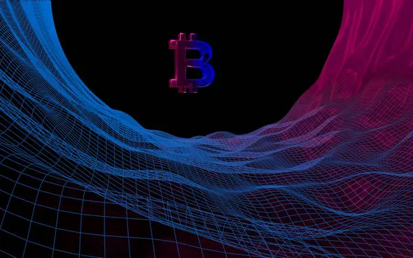 Signatura de moneda digital Bitcoin sobre fondo oscuro abstracto. Crecimiento del mercado de divisas criptográficas. Concepto de negocio, finanzas y tecnología. Ilustración 3D — Foto de Stock