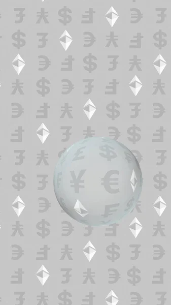 Ethereum Classic і валюти на сірому фоні. Цифровий криптовий символ. Валютний міхур, хвильовий ефект, коливання ринку. Бізнес-концепцію. 3D ілюстрація — стокове фото