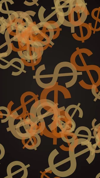 Segni multicolori in dollari traslucidi su sfondo scuro. Toni arancioni. Illustrazione 3D — Foto Stock