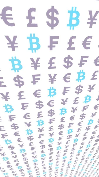 Bitcoin i waluta na białym tle. Symbol cyfrowej waluty kryptograficznej. Koncepcja biznesowa. Wyświetlacz rynku. ilustracja 3D — Zdjęcie stockowe