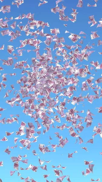 空の背景にユーロ紙幣を飛んで。お金が空を飛んでいる。500ユーロの色で。3Dイラスト — ストック写真