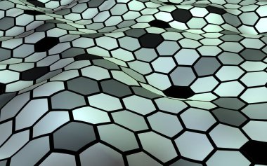 Değişken renkte bir bal peteği. Çokgenin perspektif görüntüsü bal peteğine benziyor. Dalgalı yüzey. İzometrik geometri. 3B illüstrasyon