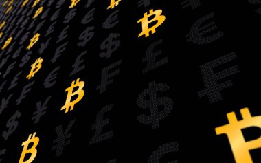 koyu bir arka plan üzerinde tcoin ve para birimi. Dijital kripto para birimi sembolü. İş konsepti. Piyasa Ekranı. 3d illüstrasyon