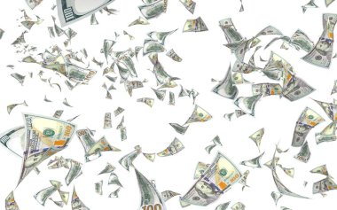 Uçan paralar beyaz arka planda izole edilmiş. Havada para uçuyor. 100 Amerikan doları yeni numune alıyor. 3B illüstrasyon