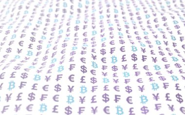 Beyaz arka planda Bitcoin ve para birimi. Dijital kripto para birimi sembolü. Dalga etkisi, döviz piyasası dalgalanmaları. İş konsepti. 3B illüstrasyon