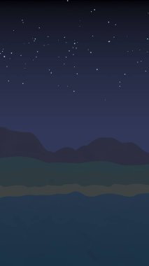 Yıldızlı aysız gökyüzü. Sahilde dalgalarla okyanus kıyısı. Dalgalar ile Ada plaj cenneti. Tatil, yaz, rahatlama. Deniz manzarası, deniz kıyısı. Minimalist manzara, ilkellik. 3d illüstrasyon