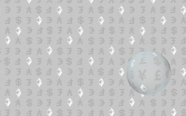 Gri bir arka plan üzerinde Ethereum klasik ve para birimi. Dijital kripto sembolü. Döviz balonu, dalga etkisi, piyasa dalgalanmaları. İş konsepti. 3d illüstrasyon