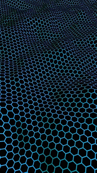 Effetto onda a nido d'ape su sfondo verde blu. Vista prospettiva sul poligono assomigliare a nido d'ape. Geometria isometrica. Orientamento verticale dell'immagine. Illustrazione 3D — Foto Stock