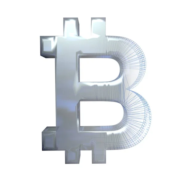 Znak Bitcoin, platyna lub srebro zamienia się w niebieską siatkę na białym tle. ilustracja 3D — Zdjęcie stockowe