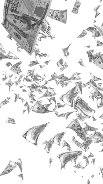 Dolar banknotlar uçan beyaz arka plan üzerinde izole. Para havada uçuyor. 100 ABD banknotlar yeni örnek. Siyah ve beyaz tarzı. 3D çizim — Stok fotoğraf
