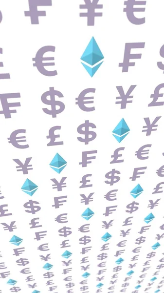 Ethereum Crystal och valuta på en vit bakgrund. Digital krypto symbol. Affärsidé. 3D-illustration — Stockfoto
