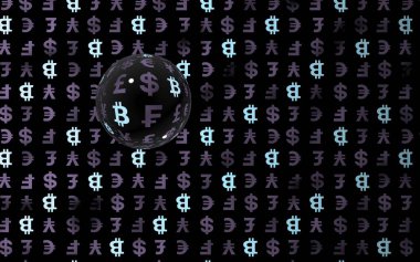 Bitcoin ve para birimi karanlık bir arkaplanda. Dijital şifreleme sembolü. Para balonu, dalga etkisi, piyasa dalgalanmaları. İş konsepti. 3B illüstrasyon