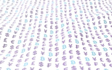 Beyaz arka planda Bitcoin ve para birimi. Dijital kripto para birimi sembolü. Dalga etkisi, döviz piyasası dalgalanmaları. İş konsepti. 3B illüstrasyon