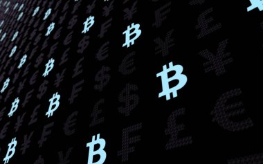 Bitcoin ve para koyu bir arka plan üzerinde. Dijital kripto para birimi sembolü. İş konsepti. Piyasa Ekranı. 3d illüstrasyon