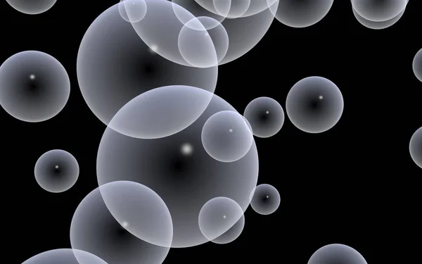 Tmavé pozadí a světlé bubliny. Tapety, textura s balónky. 3D ilustrace — Stock fotografie