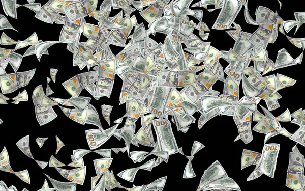 Latające Banknoty dolarów na białym tle na ciemnym tle. Pieniędzy jest latające w powietrzu. 100 US próbki nowych banknotów. ilustracja 3D — Zdjęcie stockowe