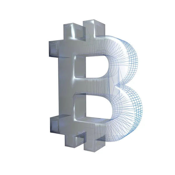 Bitcoin Sign, Platinum of Silver verandert in een blauwe grid op een witte achtergrond. 3D-illustratie — Stockfoto