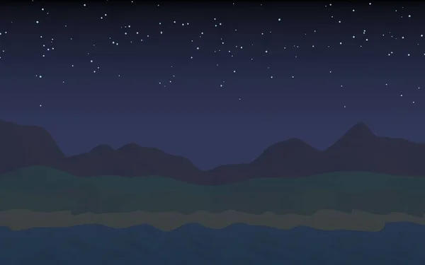 Cielo estrellado sin luna. Línea costera del océano con olas en una playa. Isla paraíso de playa con olas. Vacaciones, verano, relajación. Paisaje marino, orilla del mar. Paisaje minimalista, primitivismo. Ilustración 3D — Foto de Stock