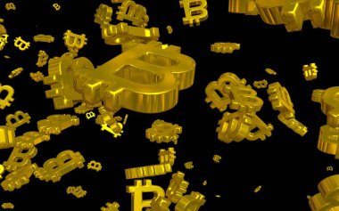 Karanlık bir arka planda dijital para birimi sembolü Bitcoin. Bitcoin düşüşü. Sanal ekranda kripto para birimi grafiği. İş, finans ve teknoloji kavramı. 3B illüstrasyon