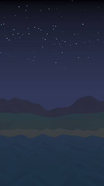 Yıldızlı aysız gökyüzü. Sahilde dalgalarla okyanus kıyısı. Dalgalar ile Ada plaj cenneti. Tatil, yaz, rahatlama. Deniz manzarası, deniz kıyısı. Minimalist manzara, ilkellik. 3d illüstrasyon