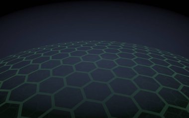 Çok katmanlı petek küresi, siyah arka planda mavi, sosyal ağ, bilgisayar ağı, teknoloji, küresel ağ. 3d illüstrasyon