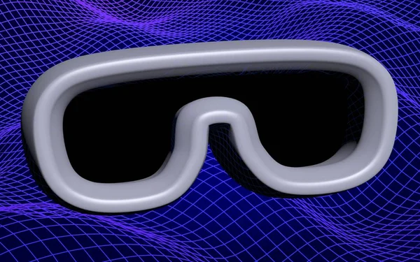 Ilustração de máscara de realidade virtual em fundo de grade azul abstrato. Conceito de tecnologia óculos VR. Ilustração 3D — Fotografia de Stock