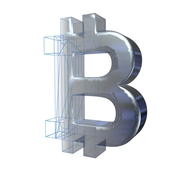 Signo de Bitcoin, platino o plata se convierte en una rejilla azul sobre un fondo blanco. Ilustración 3D — Foto de Stock