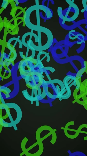 Segni multicolori in dollari traslucidi su sfondo scuro. Toni verdi. Illustrazione 3D — Foto Stock