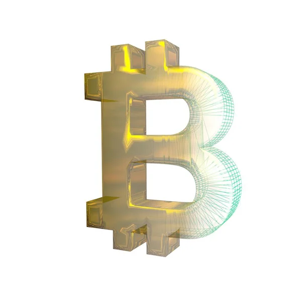 Bitcoin sinal, a grade verde se transforma em ouro no fundo branco. Ilustração 3D — Fotografia de Stock