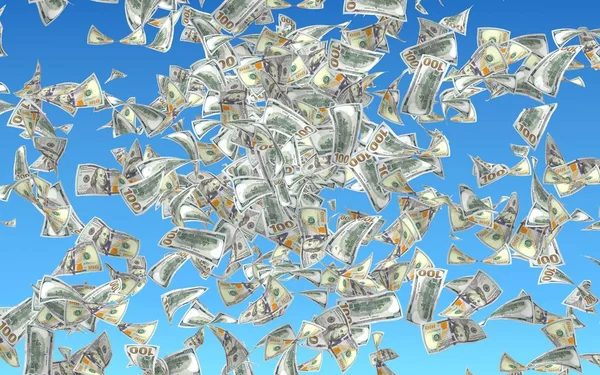 Flying dollars bankbiljetten geïsoleerd op een blauwe achtergrond. Geld vliegt in de lucht. 100 Amerikaanse bankbiljetten nieuwe sample. 3D-illustratie — Stockfoto