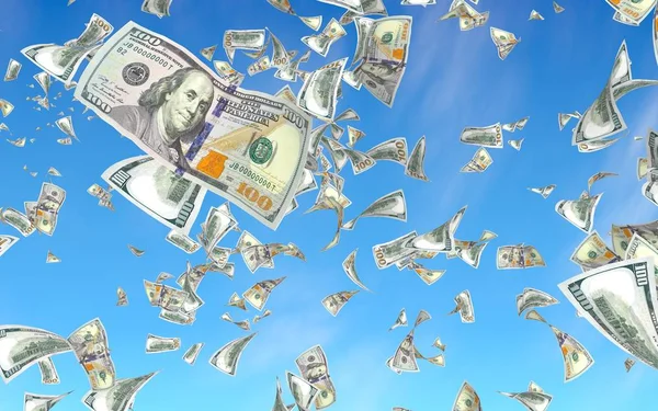 Flying dollars bankbiljetten tegen de hemel achtergrond. Geld vliegt in de lucht. 100 Amerikaanse bankbiljetten nieuwe sample. 3D-illustratie — Stockfoto