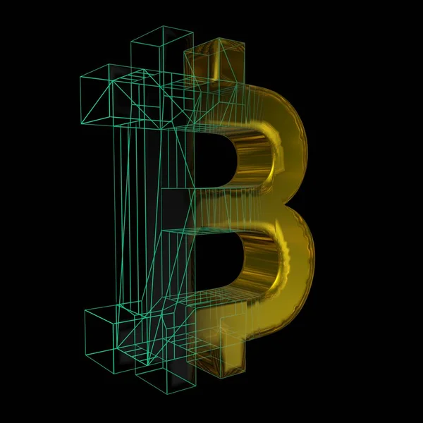 Signo de Bitcoin, la cuadrícula verde se convierte en oro sobre un fondo negro. Ilustración 3D — Foto de Stock