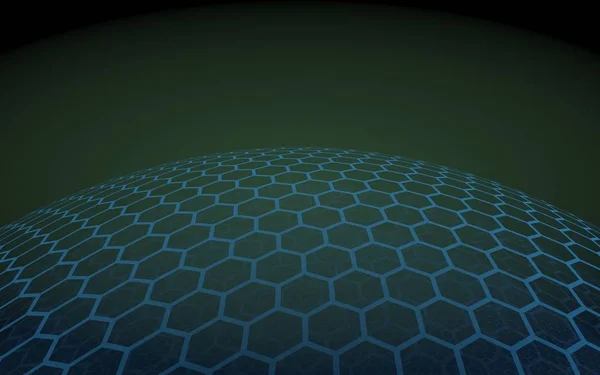 Sphère multicouche de nids d'abeilles, bleu sur fond noir, réseau social, réseau informatique, technologie, réseau mondial. Illustration 3D — Photo