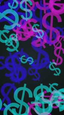 Koyu arka planda çok renkli yarı saydam dolar işaretleri. Yeşil tonları. 3d illüstrasyon