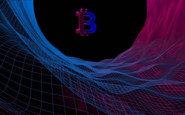 Soyut karanlık arka planda dijital para birimi sembolü Bitcoin. Kripto para piyasasının büyümesi. İş, finans ve teknoloji konsepti. 3d illüstrasyon