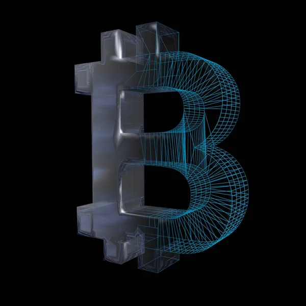 Bitcoin skylt, platina eller silver förvandlas till ett blått rutnät på en svart bakgrund. 3D-illustration — Stockfoto