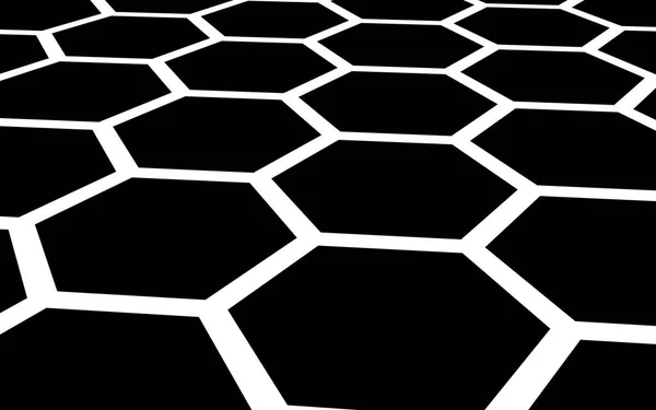Favo de mel branco sobre um fundo preto. A visão prospectiva do polígono parece favo de mel. Geometria isométrica. Ilustração 3D — Fotografia de Stock