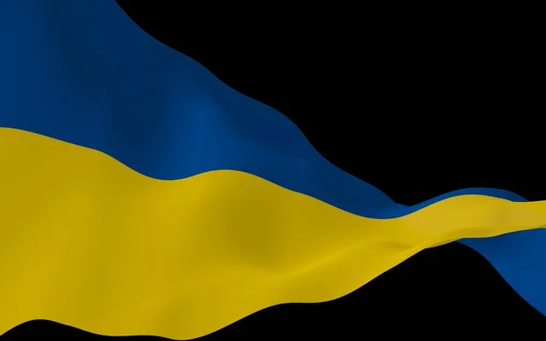 Vlajka Ukrajiny na tmavém pozadí. Národní vlajka a státní praporčík. Modrý a žlutý biolour. 3D ilustrace, příznak mávající — Stock fotografie