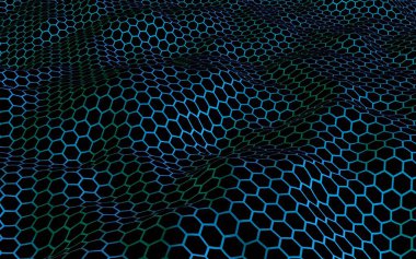 Petek mavi dalga etkisi koyu bir arka plan üzerinde. Çokgen in perspektif görünümü petek gibi görünüyor. Biyometrik geometri. 3d illüstrasyon