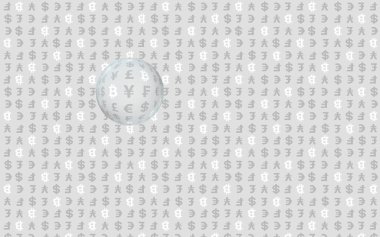 Gri arka planda Bitcoin ve para birimi. Dijital kripto para birimi sembolü. İş konsepti. Piyasa görüntüsü. 3B illüstrasyon