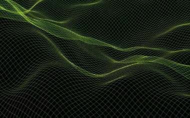 Soyut manzara arka planı. Siber uzay yeşil ızgara. Merhaba teknoloji ağı. 3B illüstrasyon