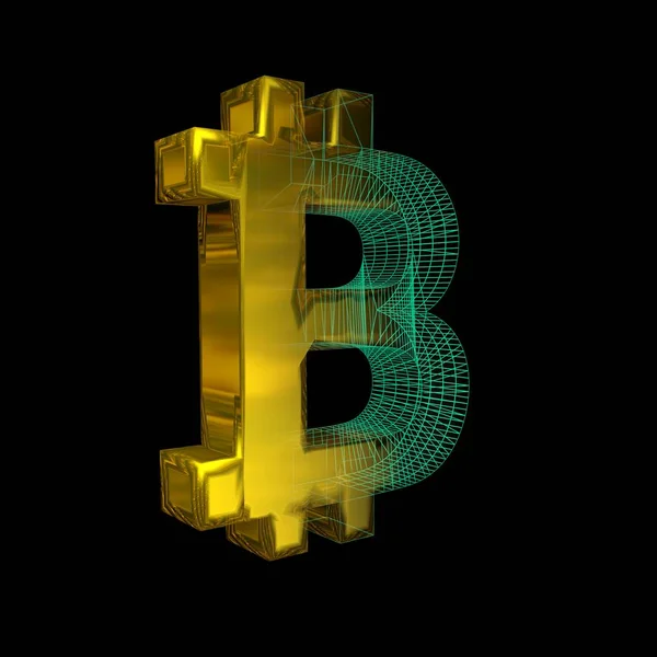 Signo de Bitcoin, la cuadrícula verde se convierte en oro sobre un fondo negro. Ilustración 3D —  Fotos de Stock