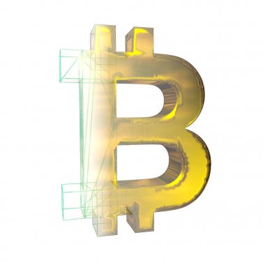 Bitcoin işareti, yeşil şebeke beyaz arka planda altına dönüşür. 3B illüstrasyon