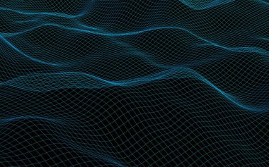 Karanlık bir arka plan üzerinde soyut manzara. Siber uzay donanması mavi ızgara. merhaba teknoloji ağı. 3d illüstrasyon