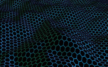 Petek mavi dalga etkisi koyu bir arka plan üzerinde. Çokgen in perspektif görünümü petek gibi görünüyor. Biyometrik geometri. 3d illüstrasyon