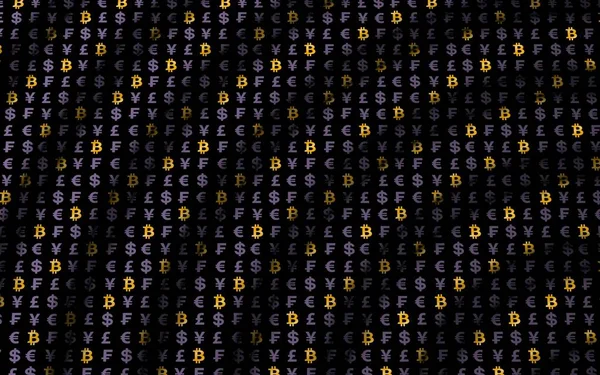 Bitcoin e valuta su uno sfondo scuro. Simbolo di valuta crittografica digitale. Effetto onda, fluttuazioni del mercato valutario. Concetto aziendale. Illustrazione 3D — Foto Stock